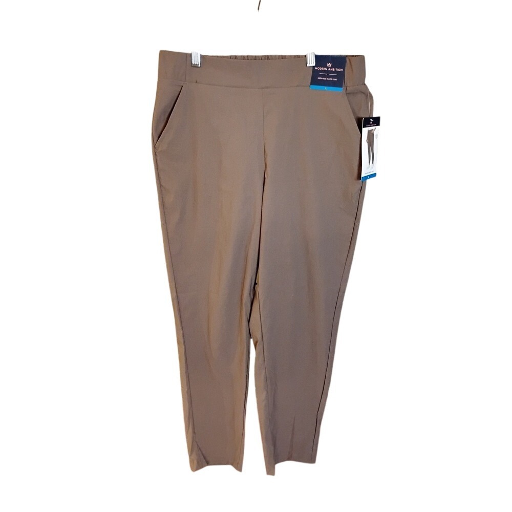 Modern Ambition High-Rise Travel Pants Brown Taupe Tapered Recycled Nylon Large